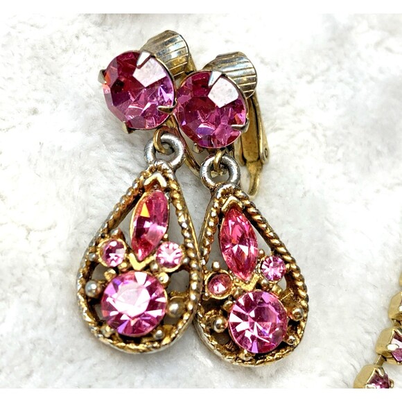 Lot 6 Vintage Pink Rhinestone Jewelry AB Stones Earrings Signed La Roco Necklace - Picture 11 of 15